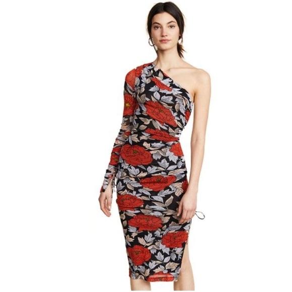 Diane Von Furstenburg Ruched One Sleeve Floral Mesh Dress Boswell Black 6 Sexy - Picture 2 of 16